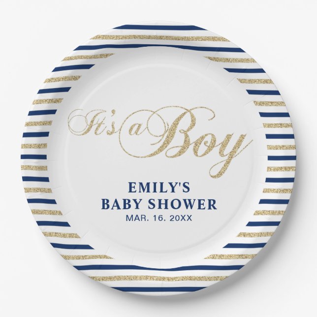 Plato De Papel Oro y marina | Placa Fiesta Baby Shower moderna (Anverso)