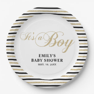 Plato De Papel Oro y negro   Placa Fiesta Baby Shower moderna