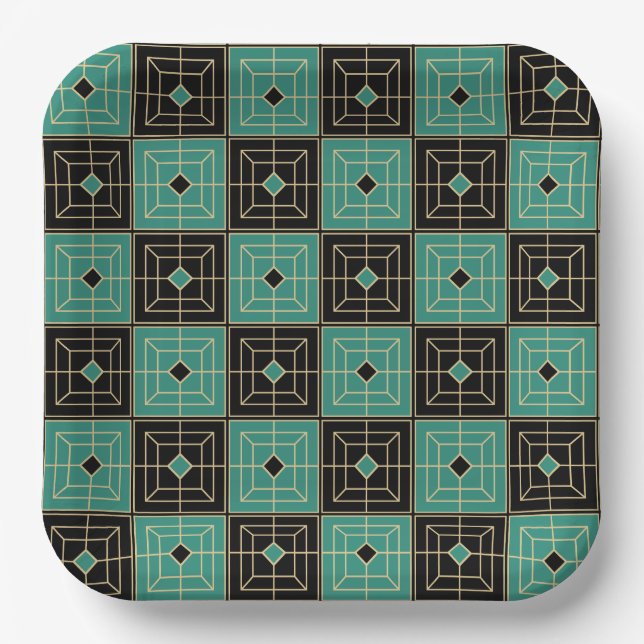 Plato De Papel Oro y patrón verde Art Deco (Anverso)