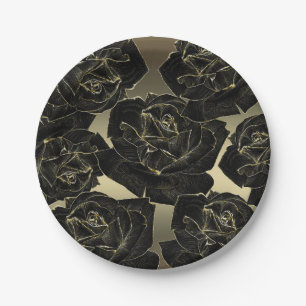 Plato De Papel Oro y Rosa Negra Glam Elegante Clásico Chic Fiesta