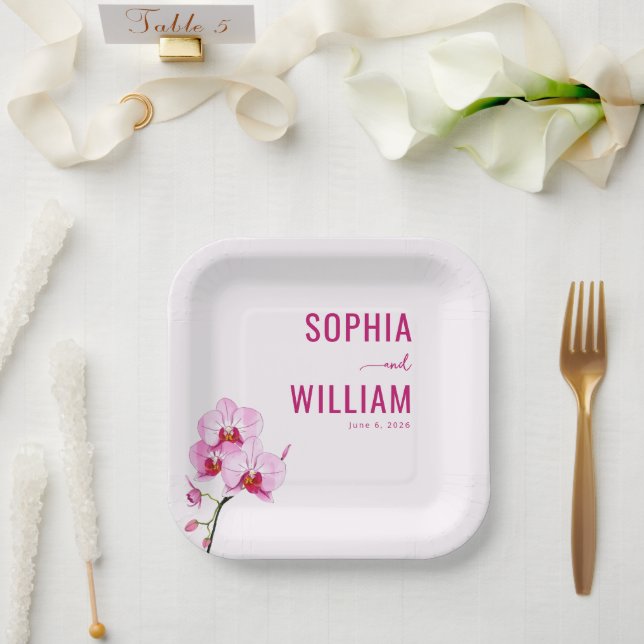 Plato De Papel Orquídea Rosa Elegante (Boda)