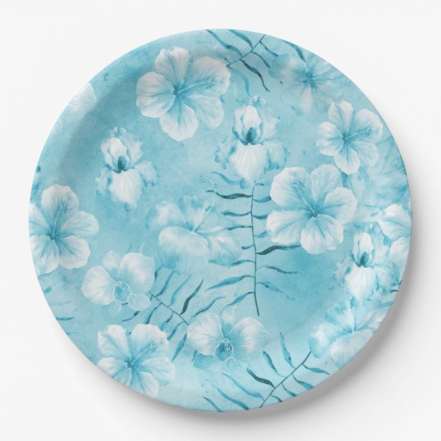 Plato De Papel Orquídeas blancas acuáticas tropicales Hibiscus Fl (Anverso)