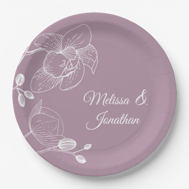 Plato De Papel Orquídeas florales modernas y elegantes bodas púrp (Anverso)