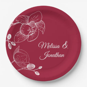 Plato De Papel Orquídeas floridas y elegantes bodas rojas