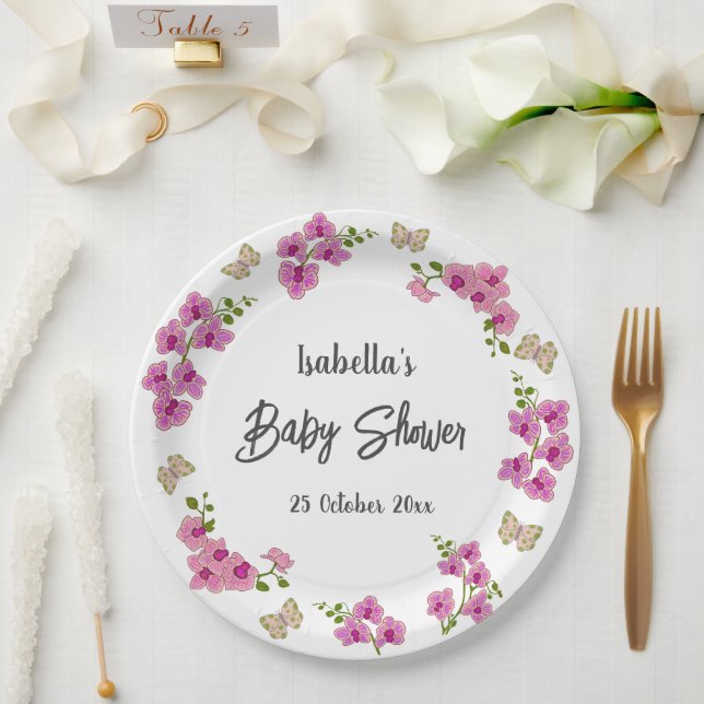 Plato De Papel Orquídeas Mariposa Tropical Púrpura Rosa (Boda)