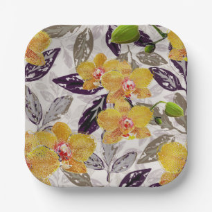 Plato De Papel orquídeas naranjas amarillas.