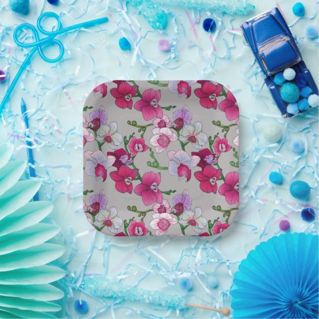 Plato De Papel Orquídeas rosas en flor (Fiesta)