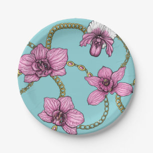 Plato De Papel orquídeas y cadenas, rosa y azul