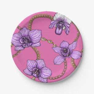 Plato De Papel orquídeas y cadenas, violetas y rosas