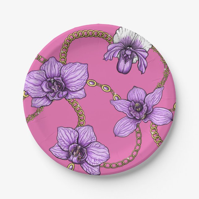 Plato De Papel orquídeas y cadenas, violetas y rosas (Anverso)