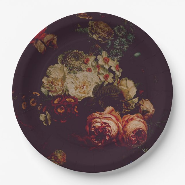 Plato De Papel Oscuro elegante Burgundy Moody Floral (Anverso)