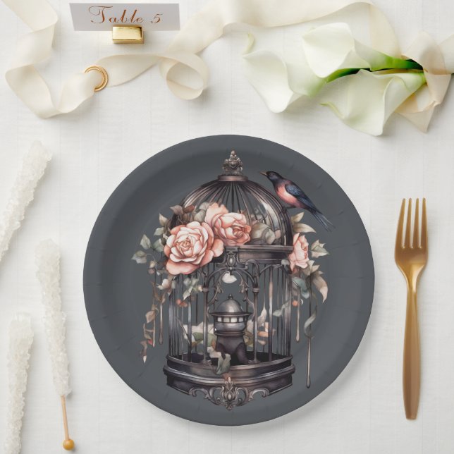 Plato De Papel Oscuro Gris Gótico Negro Pink Birdcage Shower (Boda)