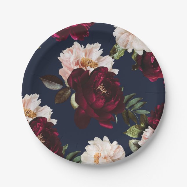 Plato De Papel Oscuro Moody Burgundy Rubor Peony Floral Navy Azul (Anverso)