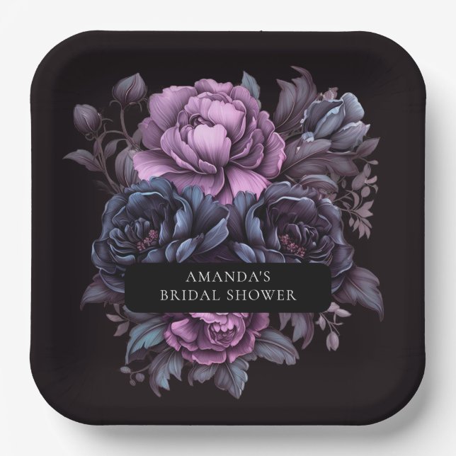 Plato De Papel Oscuro Moody Purple Florals Bridal Shower (Anverso)