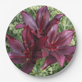 Plato De Papel Oscuro rojo Asiático Lilies Floral