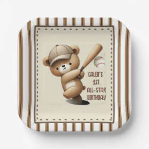 Plato De Papel Osito de béisbol con raya de jonronero cumpleaños