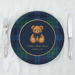 Plato De Papel Osito de Ducha de Bebé Niño Elegante Cuadro Azul V