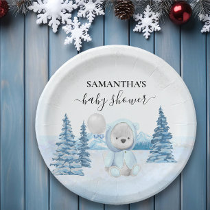 Plato De Papel Osito de peluche bebé Navidad invierno azul