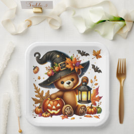 Plato De Papel Osito de peluche brujo de Halloween