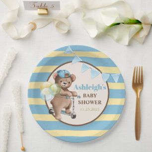 Plato De Papel Osito de peluche en Scooter, Baby Shower de rayas