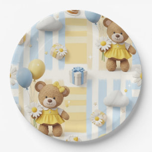 Plato De Papel Osito de peluche patrón de jardín de margaritas (8