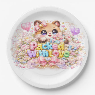 Plato De Papel Osito Kawaii Lleno de Amor Pin Pastel