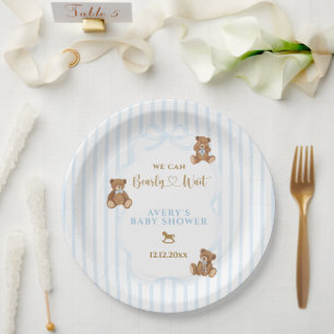 Plato De Papel Oso Azul Apenas Espera Baby Shower Elegante Raya