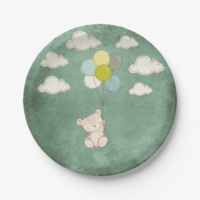 Plato De Papel Oso blanco pequeño con globos y nubes (Anverso)