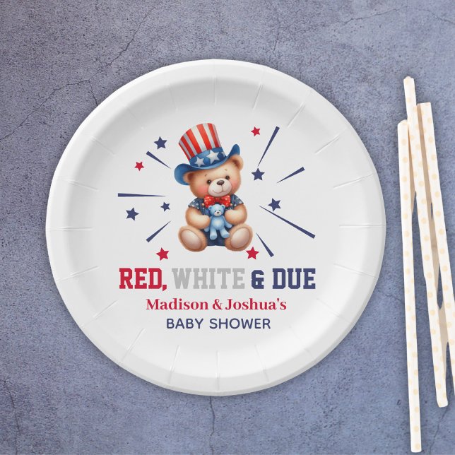 Plato De Papel Oso Blanco Rojo Debido 4 De Julio Baby Shower (Red White Due Bear 4th Of July Baby Shower Paper Plates
)