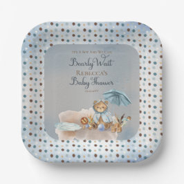 Plato De Papel Oso | Blue Umbrella Bearly Wait Boy Baby Shower P