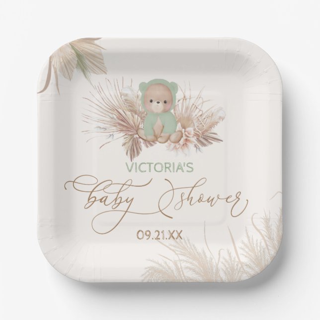 Plato De Papel Oso Boho Pampas Baby Shower Verde (Anverso)
