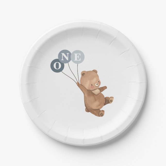Plato De Papel Oso con 3 globos azules Primer cumpleaños (Anverso)