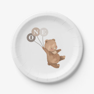 Plato De Papel Oso con 3 globos marrones - 1er cumpleaños