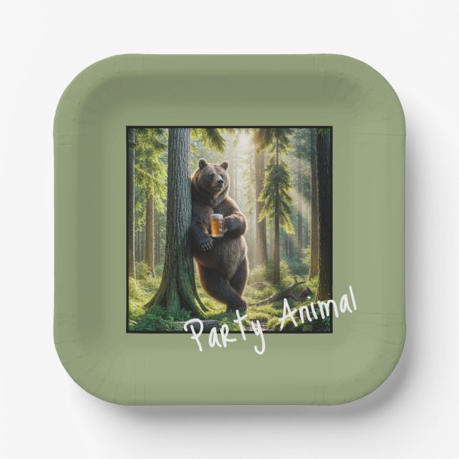 Plato De Papel Oso con cerveza de cumpleaños (Anverso)