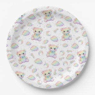 Plato De Papel Oso de Arcoíris Lindo y Patrón de Nubes Pastel