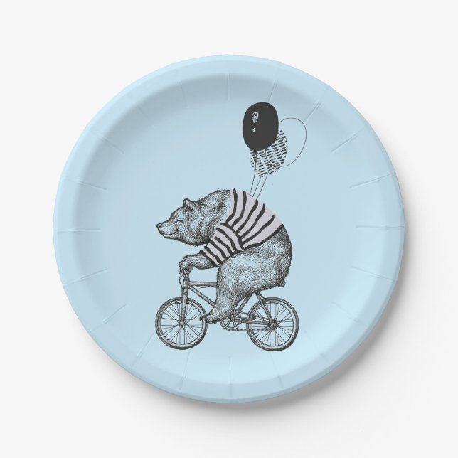 Plato De Papel Oso de bicicleta con globo (Anverso)