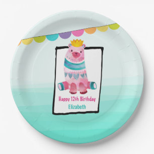 Plato De Papel Oso de color de agua dulce con cumpleaños de la co