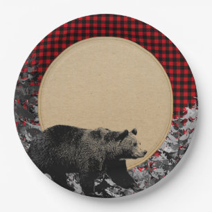 Plato De Papel Oso de cuadros de búfalo Leñador Cabaña rústica