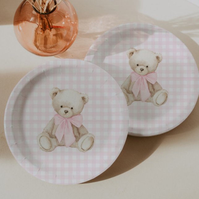Plato De Papel Oso de Gingham Rosa Apenas Podemos Esperar (Subido por el creador)