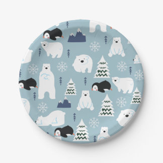 Plato De Papel Oso de invierno y Fiesta azul pingüino pastel