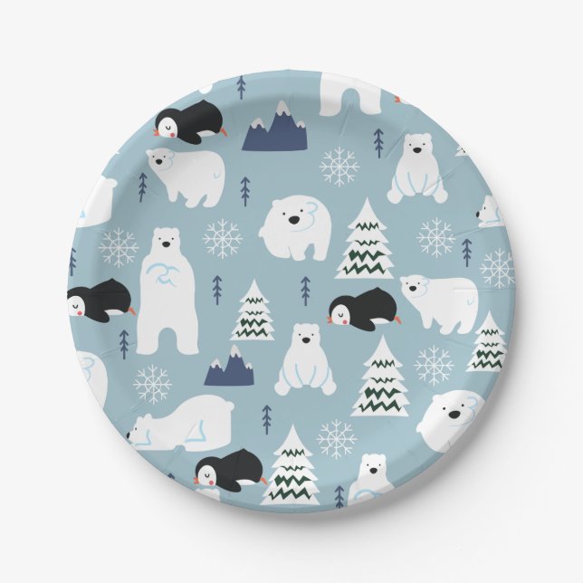 Plato De Papel Oso de invierno y Fiesta azul pingüino pastel (Anverso)