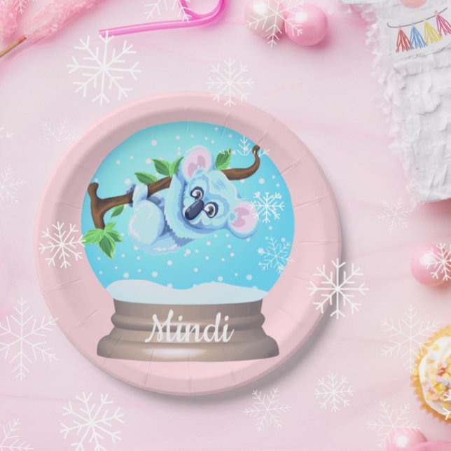 Plato De Papel Oso de Koala linda nieve globo rosa chica (Subido por el creador)