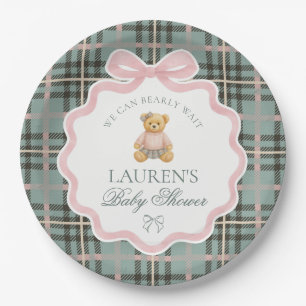 Plato De Papel Oso de lazo coqueto rosa Plaid Baby Shower