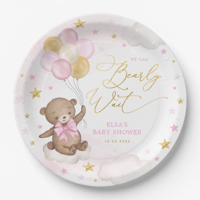 Plato De Papel Oso de oro rosa con globos Starry Sky Girl (Anverso)