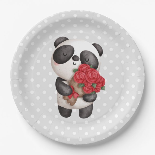 Plato De Papel Oso de Panda con Rose Bouquet (Anverso)
