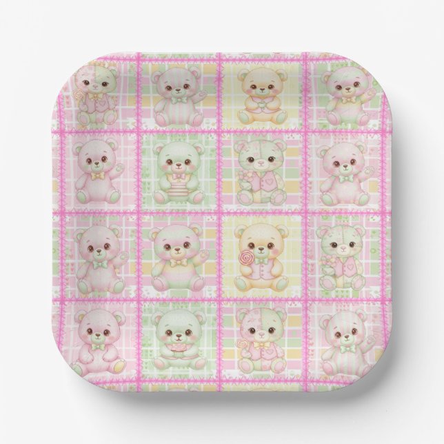 Plato De Papel Oso de patchwork lindo Edredón sin costuras (Anverso)