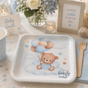 Plato De Papel Oso de peluche Acuarela Niño Baby Shower Personali