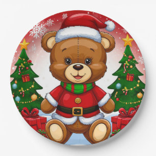 Plato De Papel Oso de peluche adorable con traje de Santa