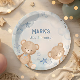 Plato De Papel oso de peluche azul acuarela para niños
