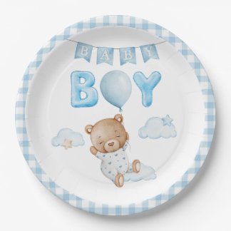 Plato De Papel Oso de peluche azul con Baby Shower en globo